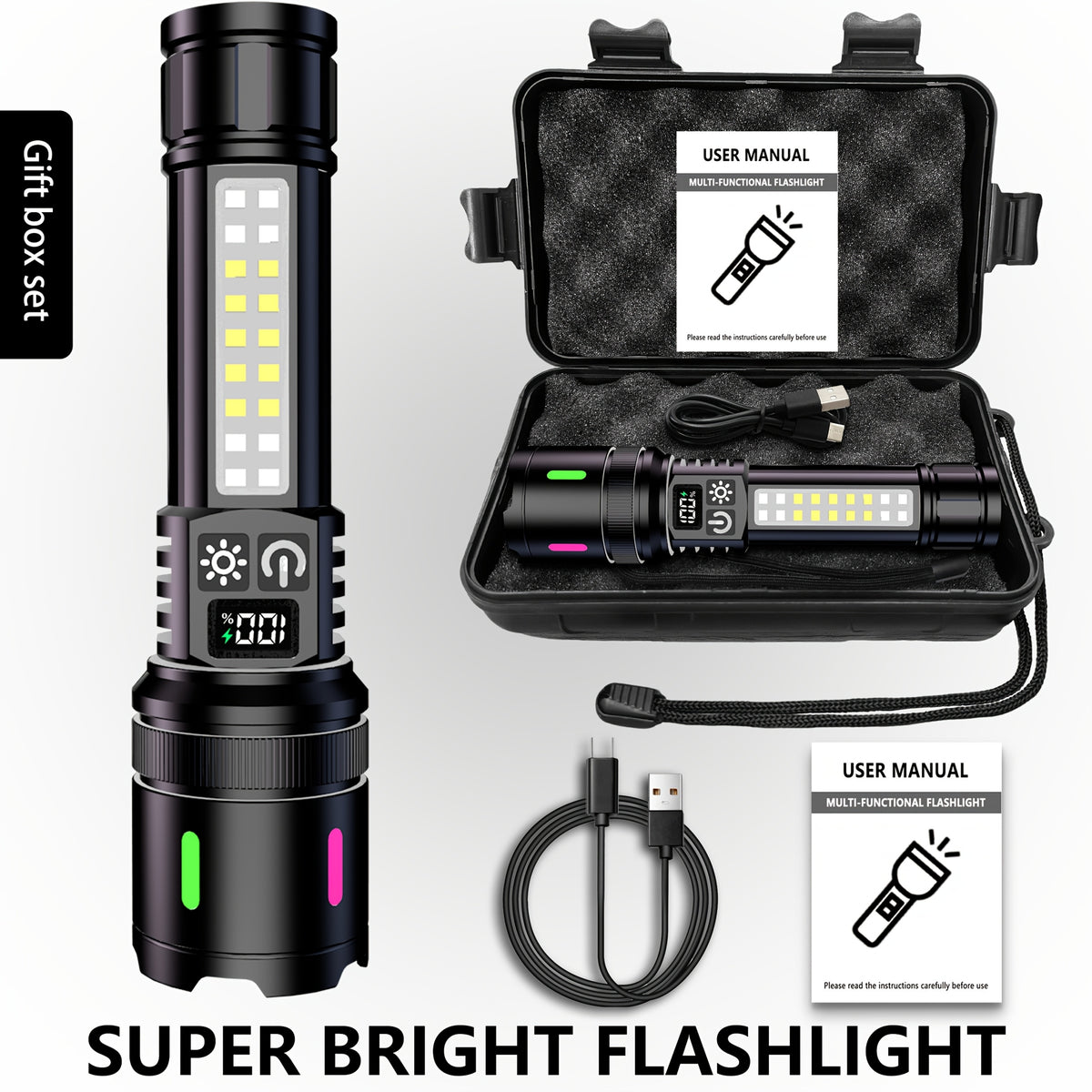1pc\u002F2pcs Ultra-Bright Rechargeable Flashlight Gift Set, COB Flashlight