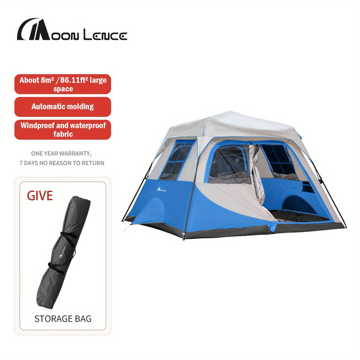 MOON LENCE Camping Tent Pop Up Tent 4-5 Person, Double Layers Waterproof Backpacking Tents with Porch