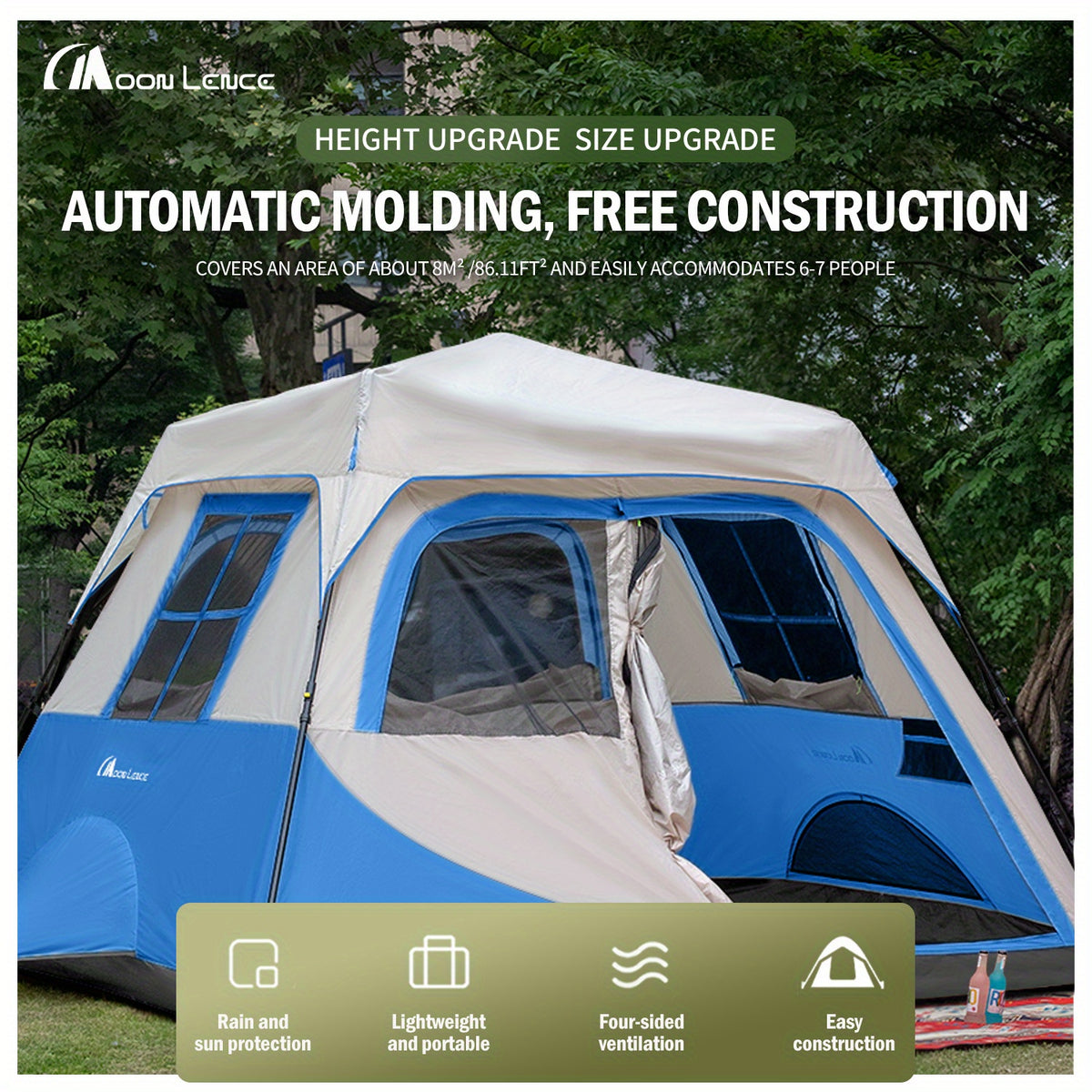 MOON LENCE Camping Tent Pop Up Tent 4-5 Person, Double Layers Waterproof Backpacking Tents with Porch