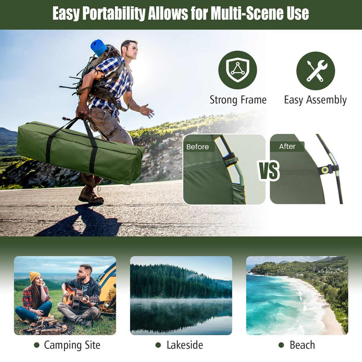 GYMAX 1-Person Camping Tent Cot, 5-in-1 Folding Camping Bed with Air Mattress, Pillow