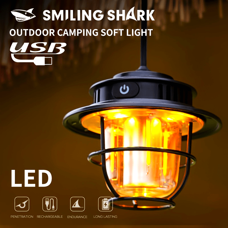 1pc Smiling Shark LED Camping Light, USB Rechargeable, Dimmable Mini Tent Lamp