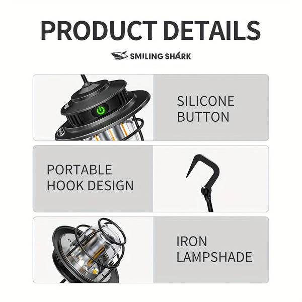 1pc Smiling Shark LED Camping Light, USB Rechargeable, Dimmable Mini Tent Lamp