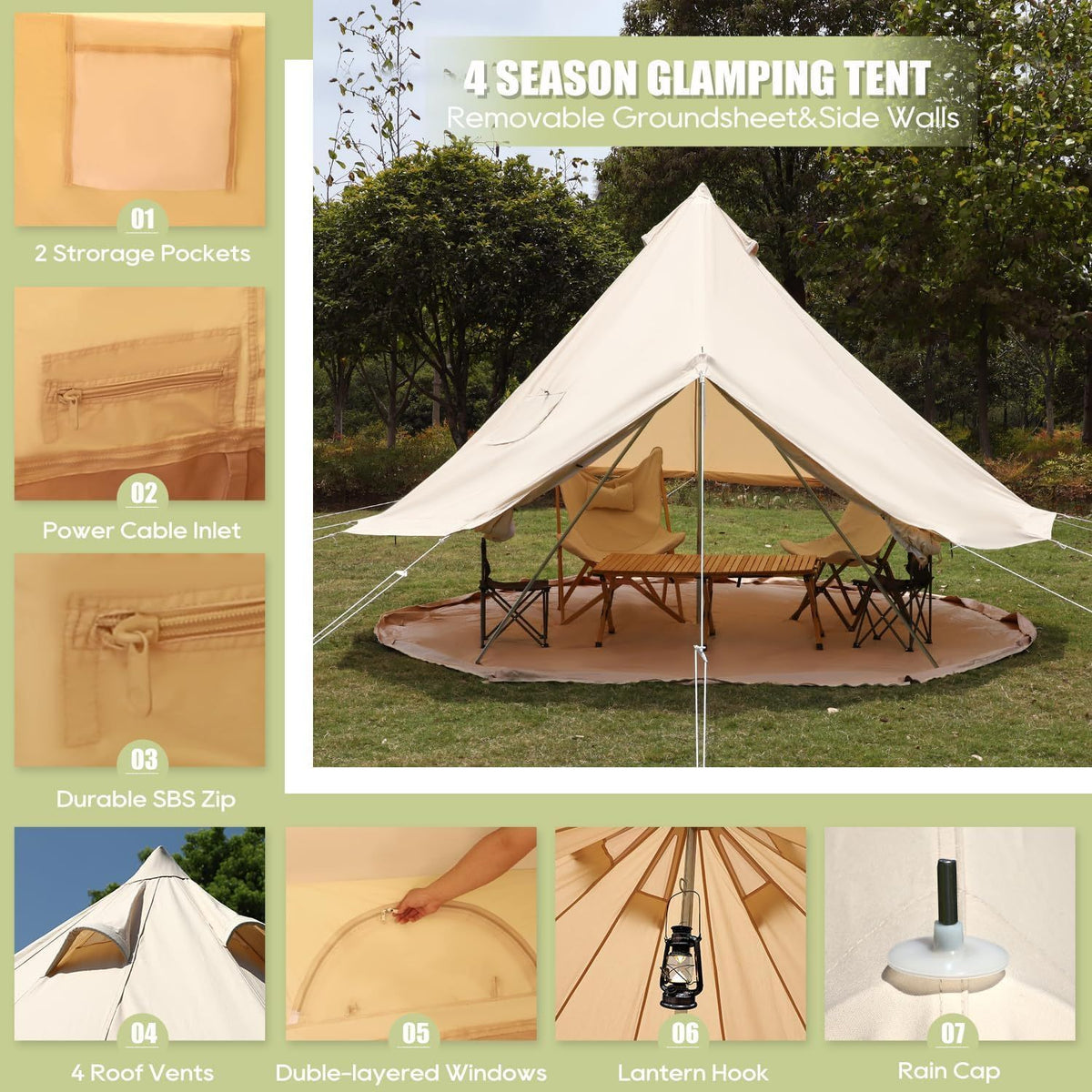 Luxury Cotton Bell Tent, Yurt Canvas Tent with Stove Jack, 4\u002F6\u002F8 Person Family 4 Season Camping