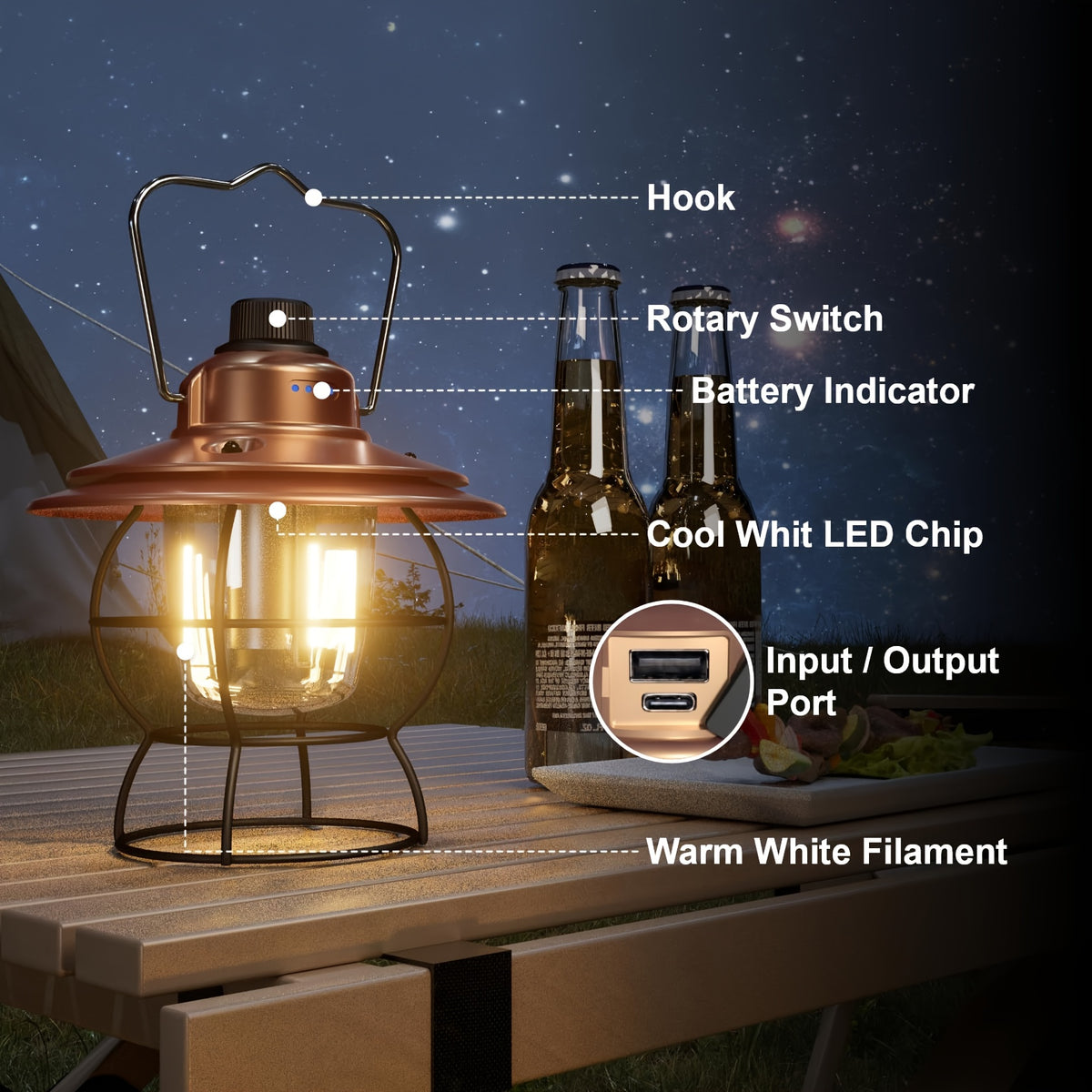 LED Lantern Rechargeable Dimmable Portable Vintage Lantern