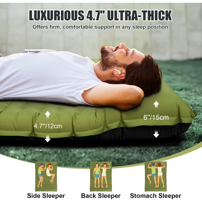 Self-Inflating Double Sleeping Pad - Extra Thick 4.7'' Heavy-Duty 2-Person Camping Mattress