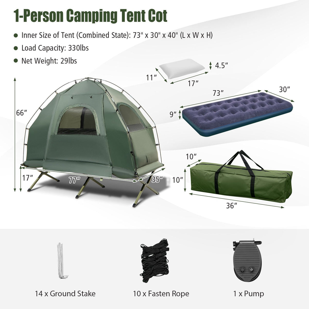 GYMAX 1-Person Camping Tent Cot, 5-in-1 Folding Camping Bed with Air Mattress, Pillow