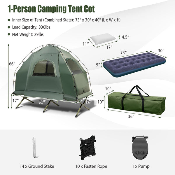 GYMAX 1-Person Camping Tent Cot, 5-in-1 Folding Camping Bed with Air Mattress, Pillow