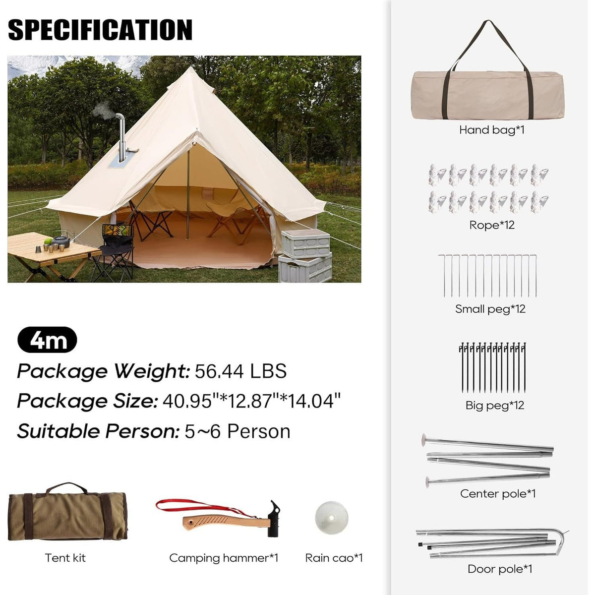 Luxury Cotton Bell Tent, Yurt Canvas Tent with Stove Jack, 4\u002F6\u002F8 Person Family 4 Season Camping
