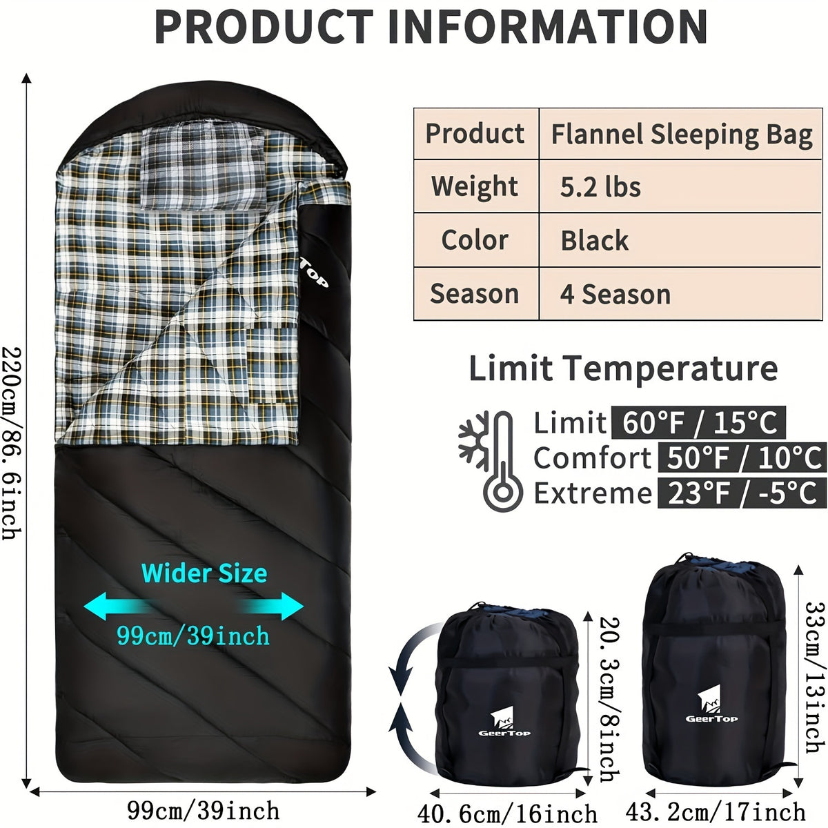 GEERTOP Flannel Sleeping Bag for Adults XXL, Large Wide Camping Sleeping Bag 4 Seaso