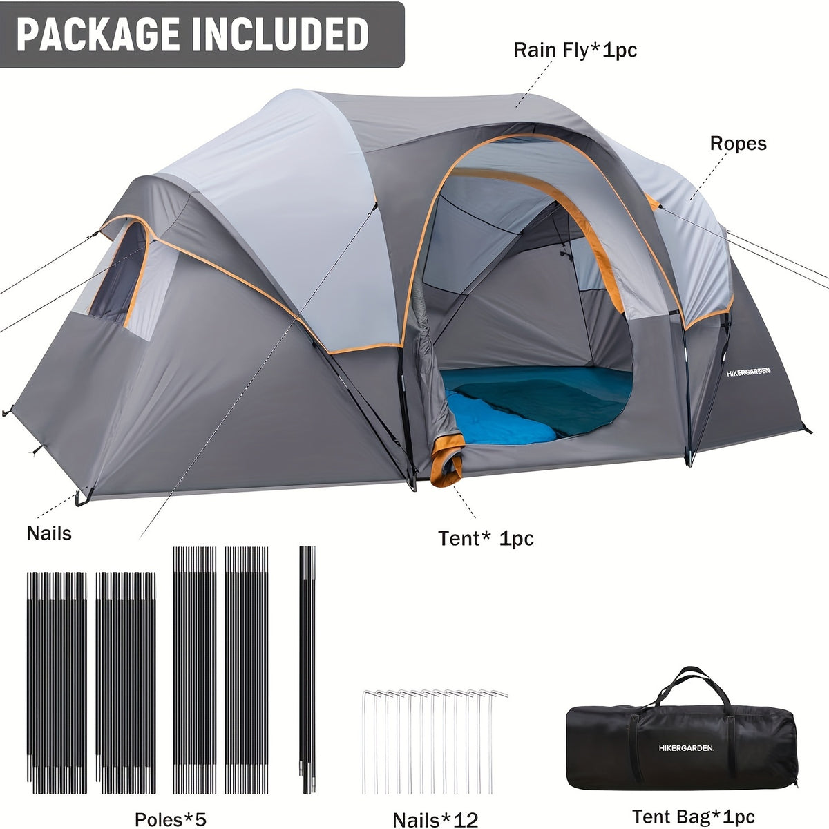 HIKERGARDEN 10 Person Camping Tent - Portable Easy Set Up Family Tent for Camp