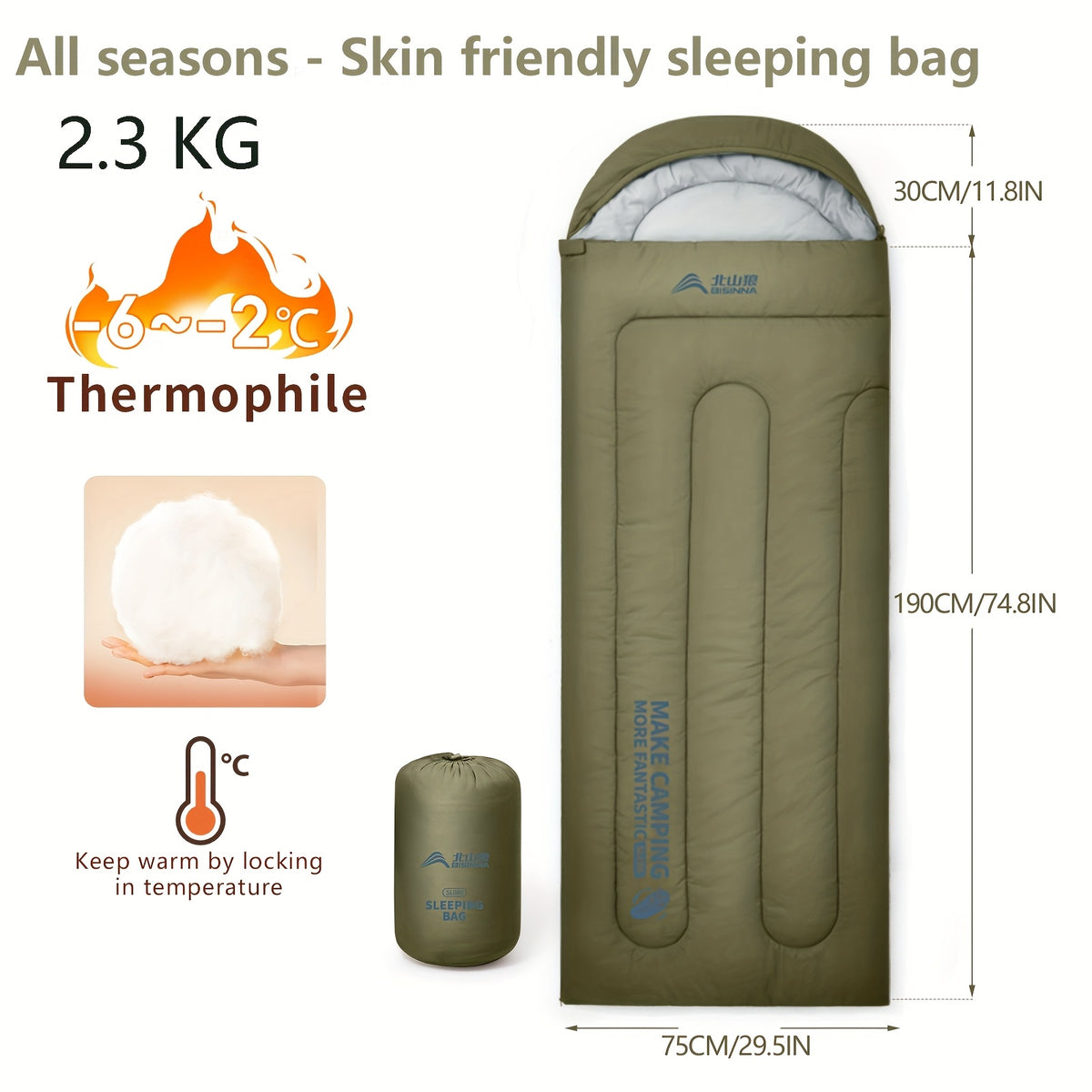 BISINNA Lightweight 3-Season Camping Sleeping Bag for one person - Warm Cold-Resistant envelope design with Zipper Closure