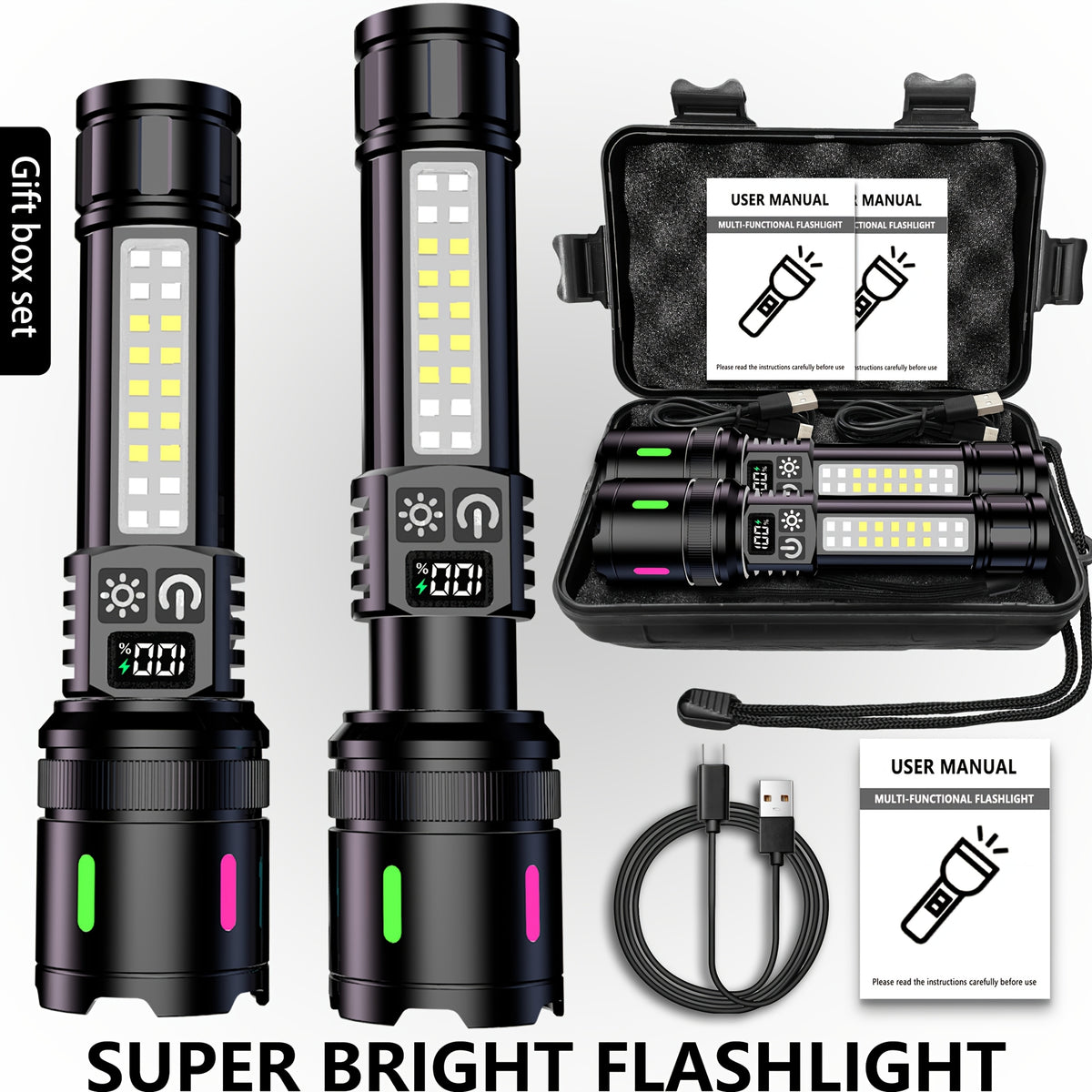 1pc\u002F2pcs Ultra-Bright Rechargeable Flashlight Gift Set, COB Flashlight