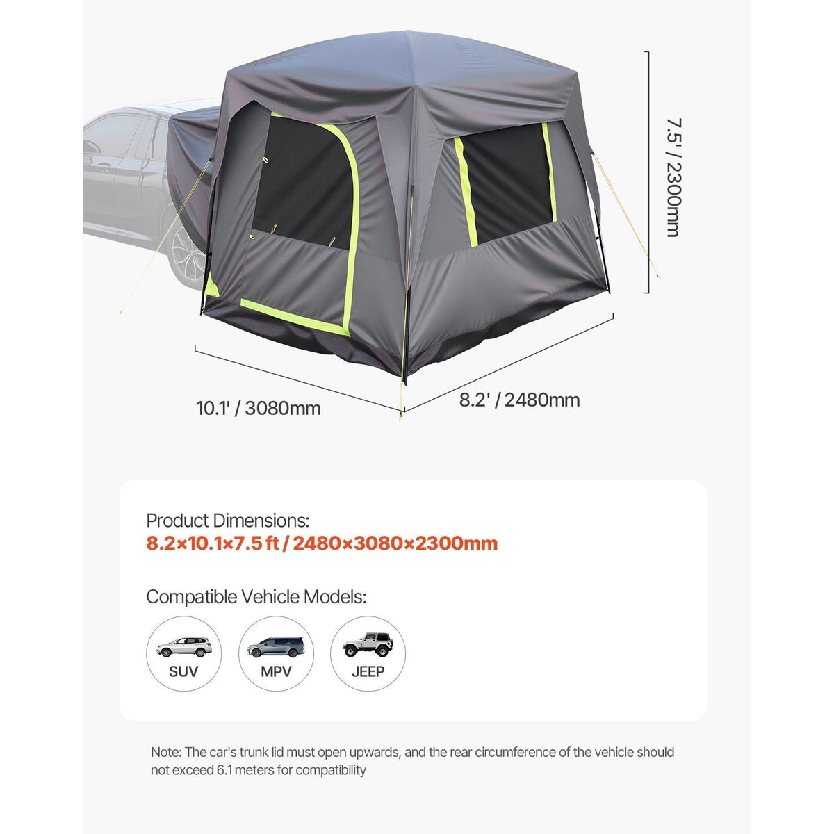 VEVOR SUV Camping Tent Outdoor SUV Tent with 2 Doors Waterproof for 5-8 Person 8\u002F10*8ft