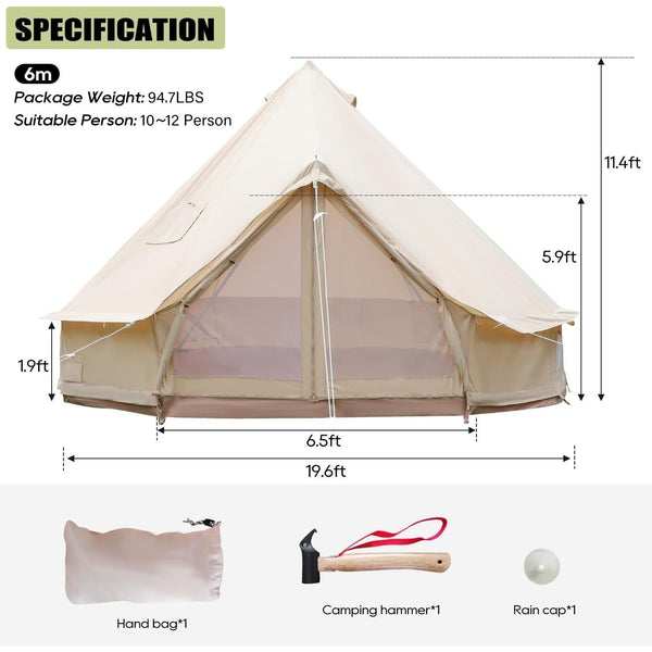 Luxury Cotton Bell Tent, Yurt Canvas Tent with Stove Jack, 4\u002F6\u002F8 Person Family 4 Season Camping