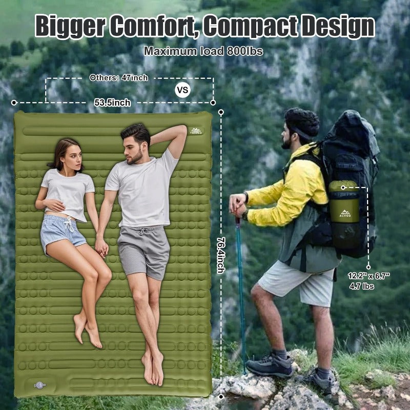 Self-Inflating Double Sleeping Pad - Extra Thick 4.7'' Heavy-Duty 2-Person Camping Mattress