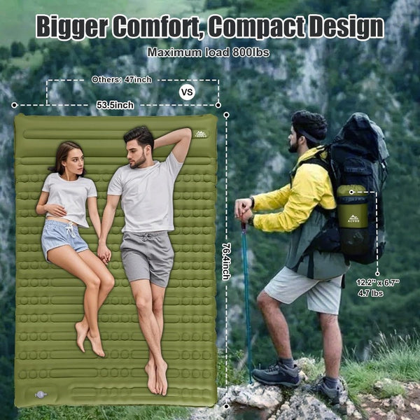 Self-Inflating Double Sleeping Pad - Extra Thick 4.7'' Heavy-Duty 2-Person Camping Mattress