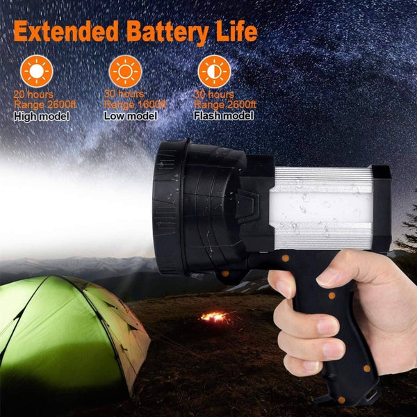 Rechargeable 6000 Lumens LED Spotlight | Handheld, Foldable Tripod, Storage Bag